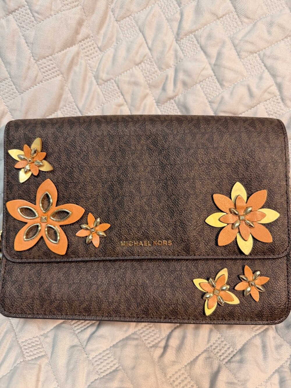 Michael Kors Floral Appliqué Crossbody Bag Brown MK Signature Gold Chain - Picture 3 of 14